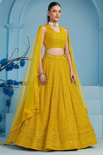 yellow sequins work georgette lehenga set choli with dupatta