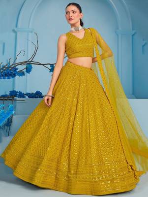 yellow sequins work georgette lehenga set choli with dupatta 5