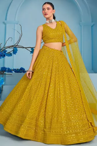 yellow sequins work georgette lehenga set choli with dupatta