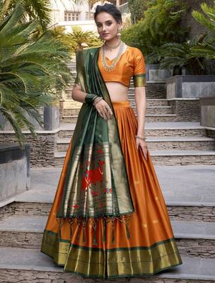 Orange Zari Weaving Paithani Silk Lehenga Choli 1