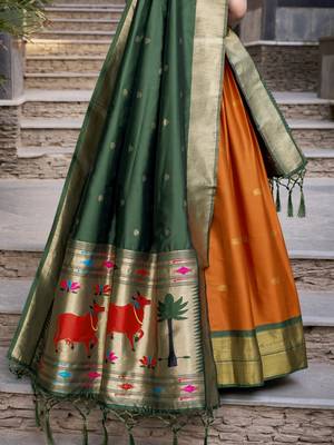 Orange Zari Weaving Paithani Silk Lehenga Choli 5