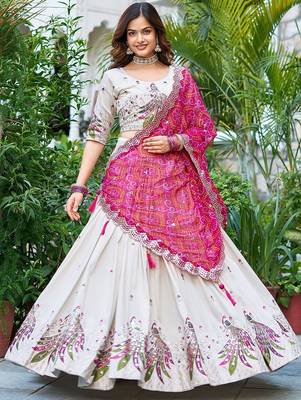 Off White Thread Work Tissue Silk Lehenga Choli With Dupatta 1