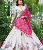 Off White Thread Work Tissue Silk Lehenga Choli With Dupatta