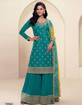 Sea green chinon heavy embroidery semi stitched wedding palazzo suits 1