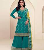 Sea green chinon heavy embroidery semi stitched wedding palazzo suits