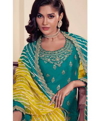 Sea green chinon heavy embroidery semi stitched wedding palazzo suits 2