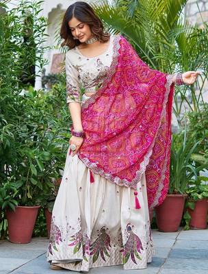 Off White Thread Work Tissue Silk Lehenga Choli With Dupatta 3