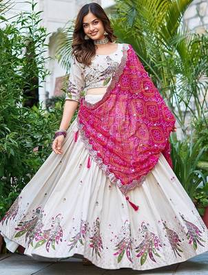 Off White Thread Work Tissue Silk Lehenga Choli With Dupatta 4