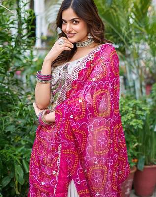 Off White Thread Work Tissue Silk Lehenga Choli With Dupatta 5
