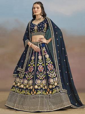 navy blue zari work georgettelehenga set choli with dupatta 1