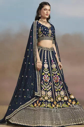 navy blue zari work georgettelehenga set choli with dupatta