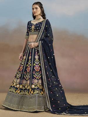 navy blue zari work georgettelehenga set choli with dupatta 4