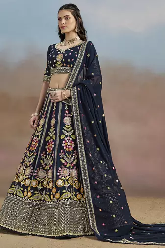 navy blue zari work georgettelehenga set choli with dupatta