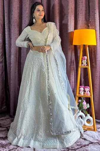 Off-White Chikankari Net Lehenga Choli