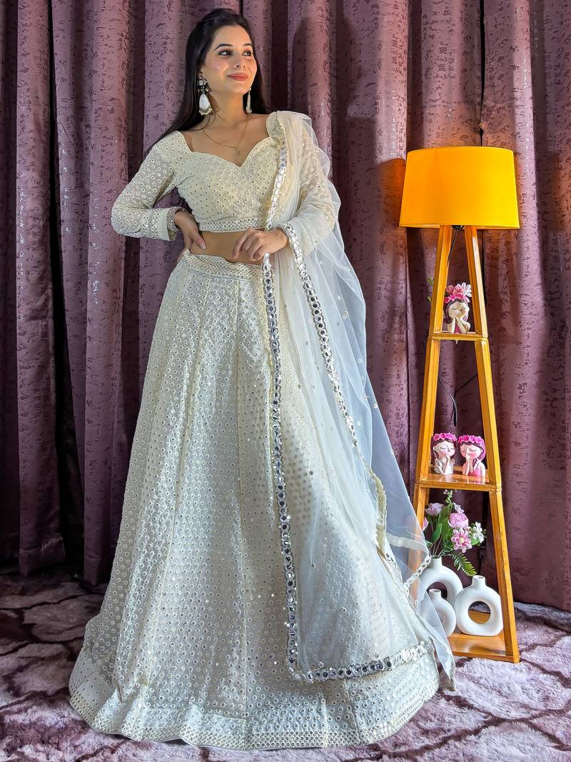 Off White Georgette Sequins Lehenga Choli With Dupatta