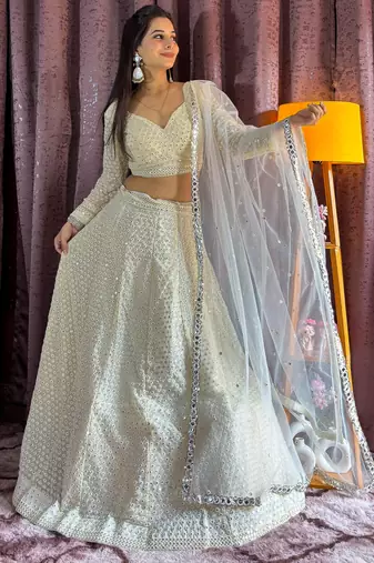 Off-White Chikankari Net Lehenga Choli