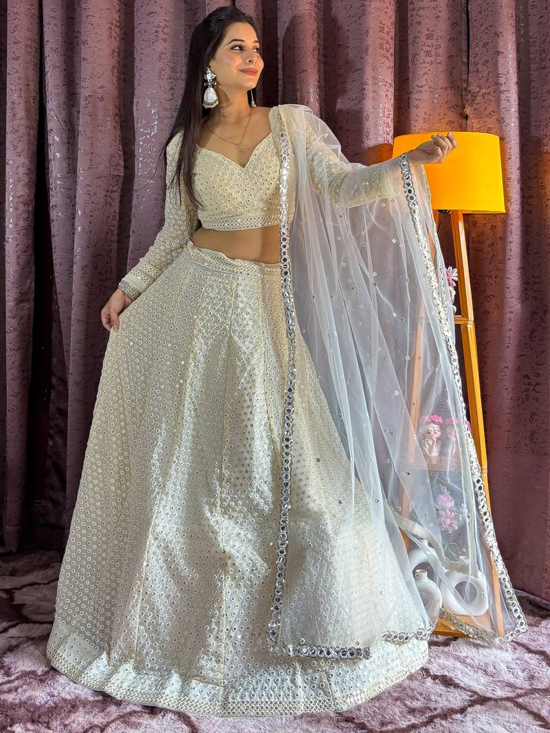 Off White Georgette Sequins Lehenga Choli With Dupatta