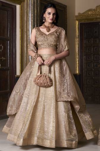Golden Sequins Organza Wedding Lehenga Choli With Dupatta