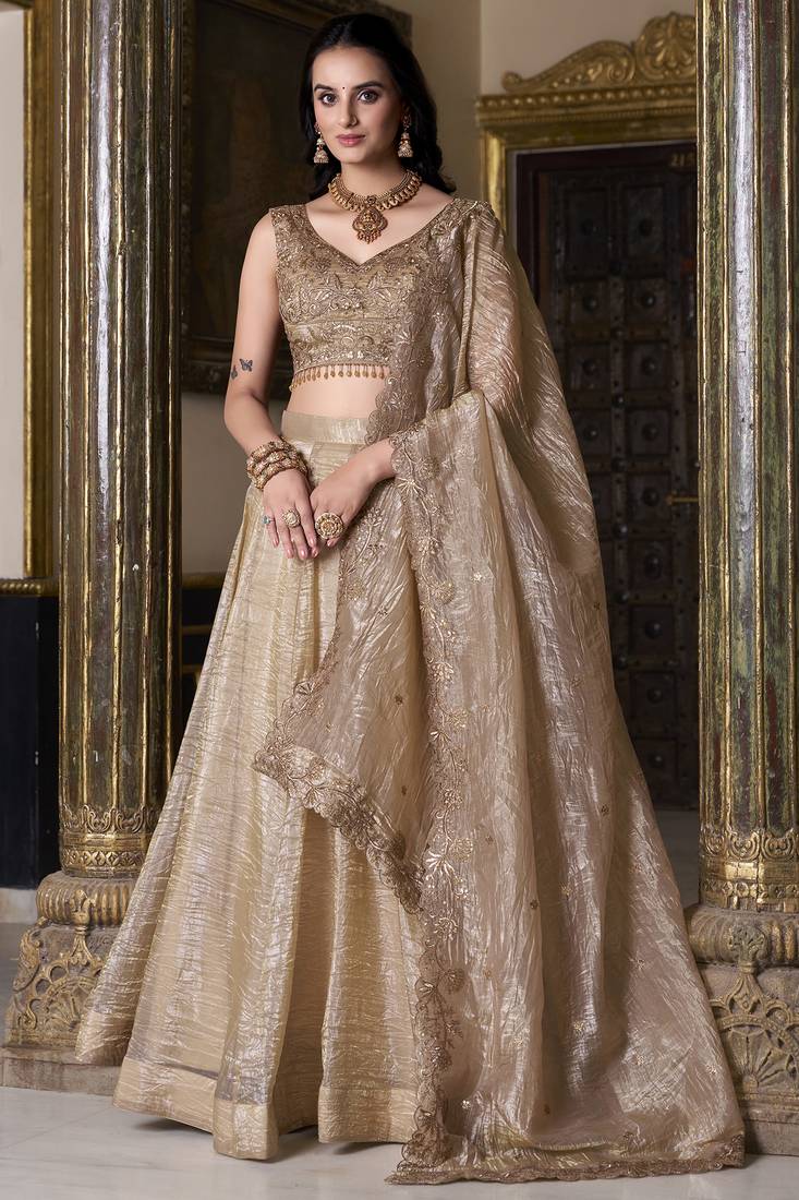 Golden Sequins Organza Wedding Lehenga Choli With Dupatta