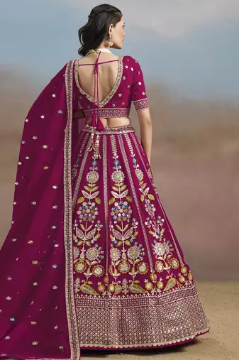 pink thread work georgette lehenga with blouse