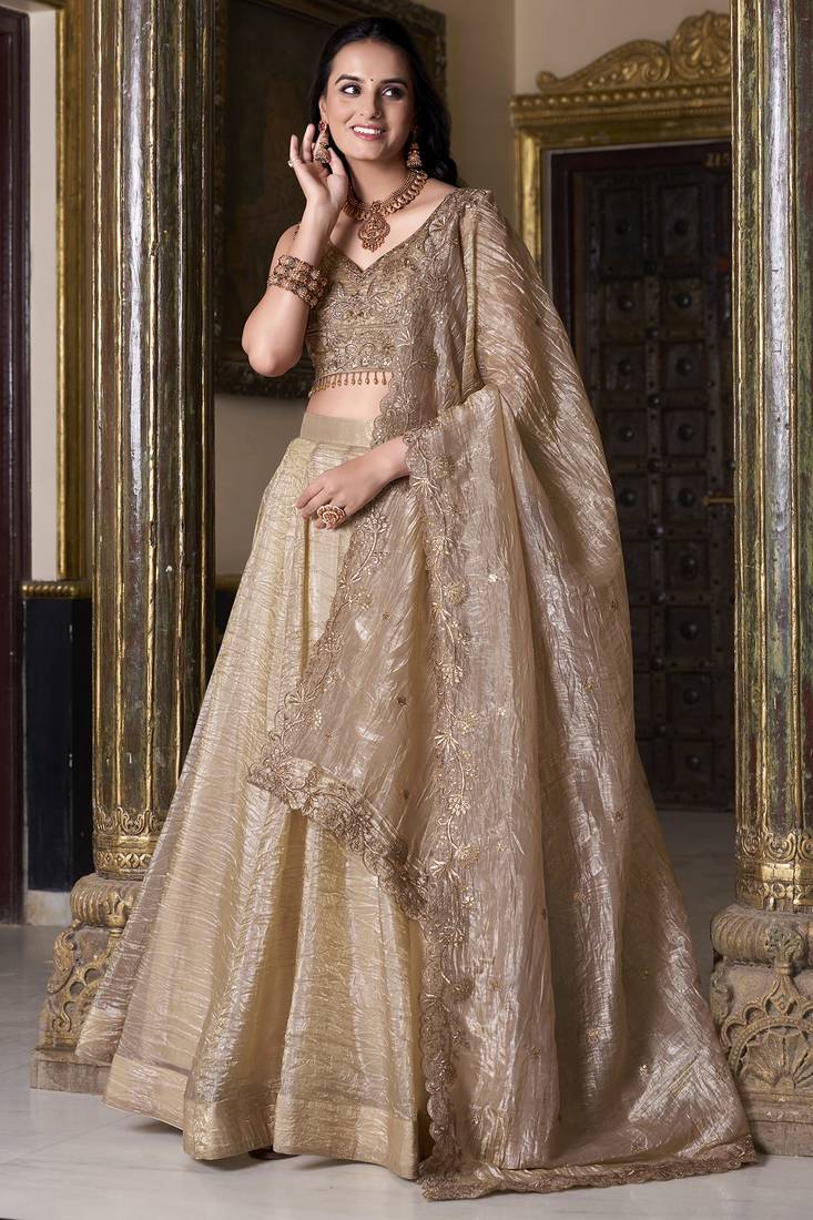 Golden Sequins Organza Wedding Lehenga Choli With Dupatta