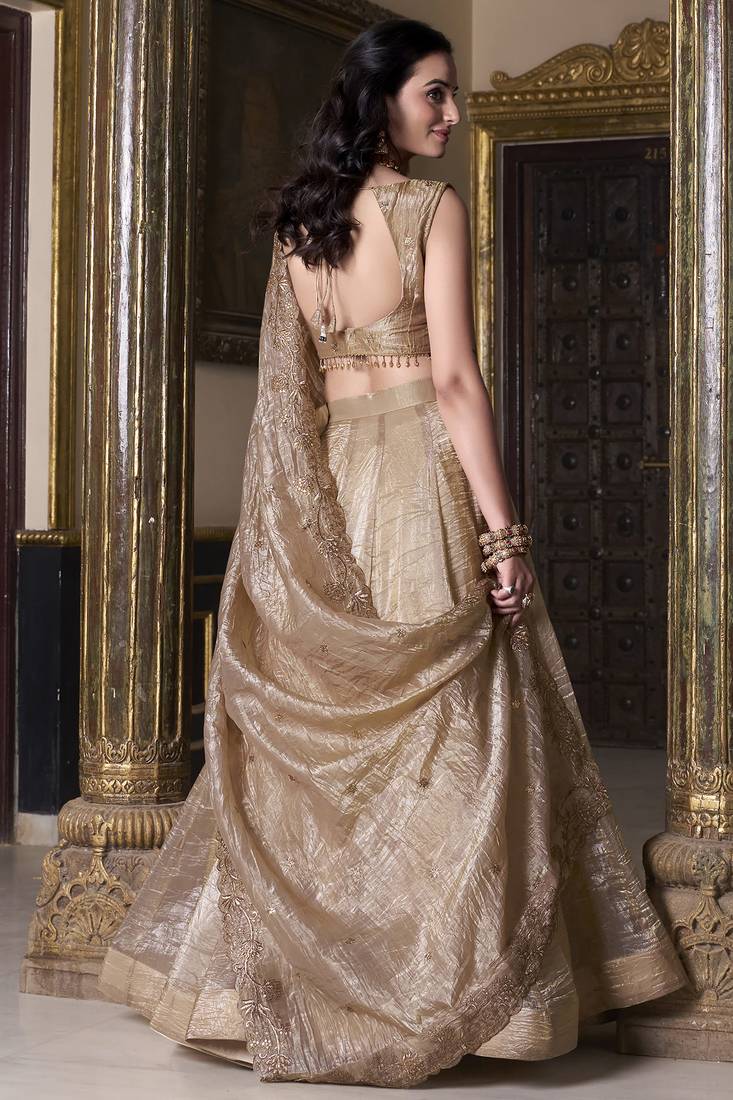 Golden Sequins Organza Wedding Lehenga Choli With Dupatta
