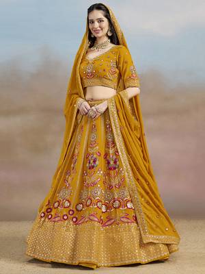 yellow zari work georgette lehenga set choli with dupatta with dupatta 3