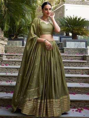 mehendi green zari weaving silk lehenga set choli with dupatta 1