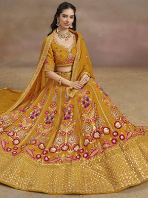 yellow zari work georgette lehenga set choli with dupatta with dupatta 4