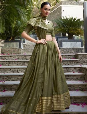 mehendi green zari weaving silk lehenga set choli with dupatta 3