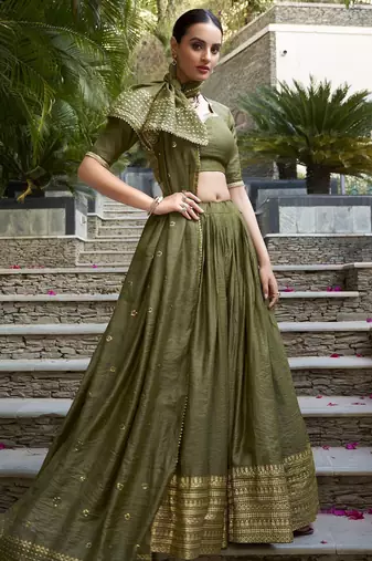 mehendi green zari weaving silk lehenga set choli with dupatta
