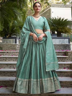 sea green zari weaving chanderi silk lehenga set choli with dupatta 1