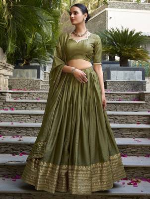 mehendi green zari weaving silk lehenga set choli with dupatta 4
