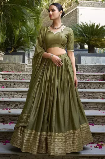mehendi green zari weaving silk lehenga set choli with dupatta