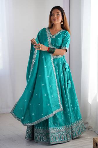 Sky Blue Thread Work Silk Lehenga Choli