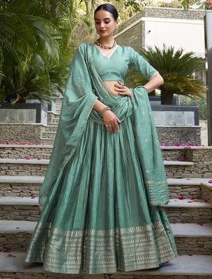 sea green zari weaving chanderi silk lehenga set choli with dupatta 3