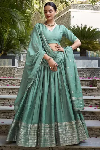 sea green zari weaving chanderi silk lehenga set choli with dupatta