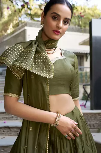 mehendi green zari weaving silk lehenga set choli with dupatta