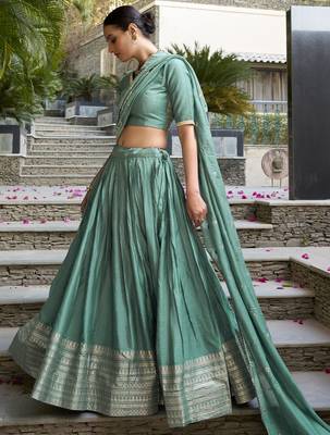 sea green zari weaving chanderi silk lehenga set choli with dupatta 4