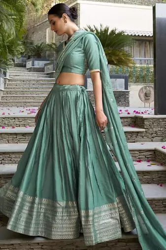 sea green zari weaving chanderi silk lehenga set choli with dupatta