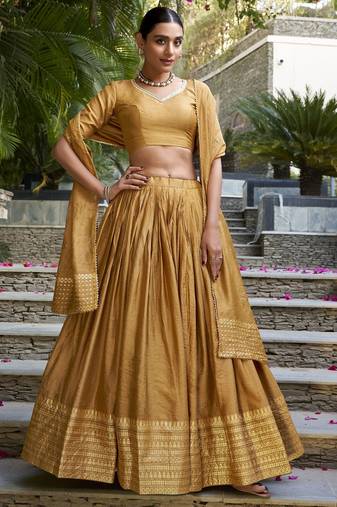 Mustard Yellow Zari Weaving Chanderi Silk Lehenga Choli