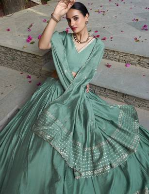 sea green zari weaving chanderi silk lehenga set choli with dupatta 5