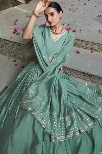sea green zari weaving chanderi silk lehenga set choli with dupatta