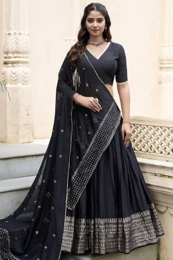 Black Zari Weaving Chanderi Silk Lehenga Choli With Dupatta