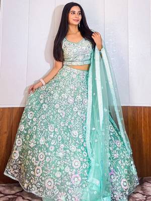 blue sequins net lehenga set choli with dupatta with dupatta 1