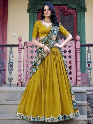 mustard yellow sequins vichitra silk lehenga set choli with dupatta 1