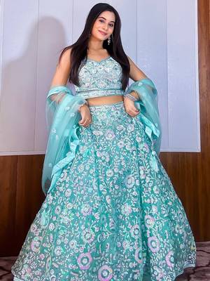 blue sequins net lehenga set choli with dupatta with dupatta 3