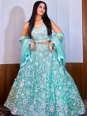 blue sequins net lehenga set choli with dupatta with dupatta 4