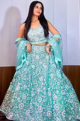 blue sequins net lehenga set choli with dupatta with dupatta
