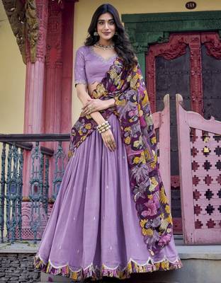 lavender thread work vichitra silk lehenga set choli with dupatta 1